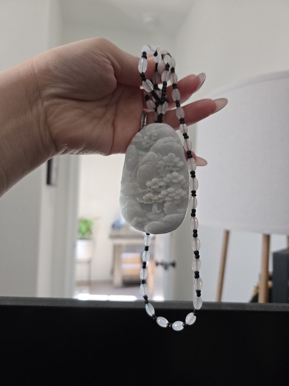 Hand-Carved White Jade Pendant Necklace with Beaded Cord